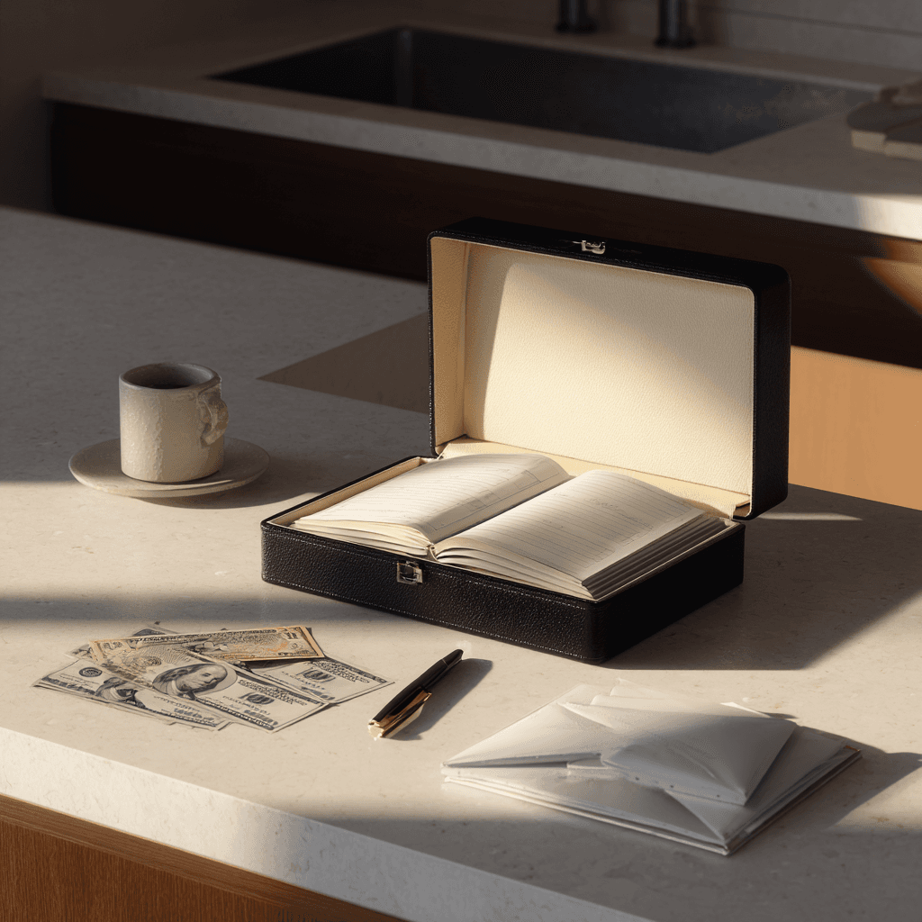 A fireproof document box, cash in an envelope, and a notebook on a kitchen table