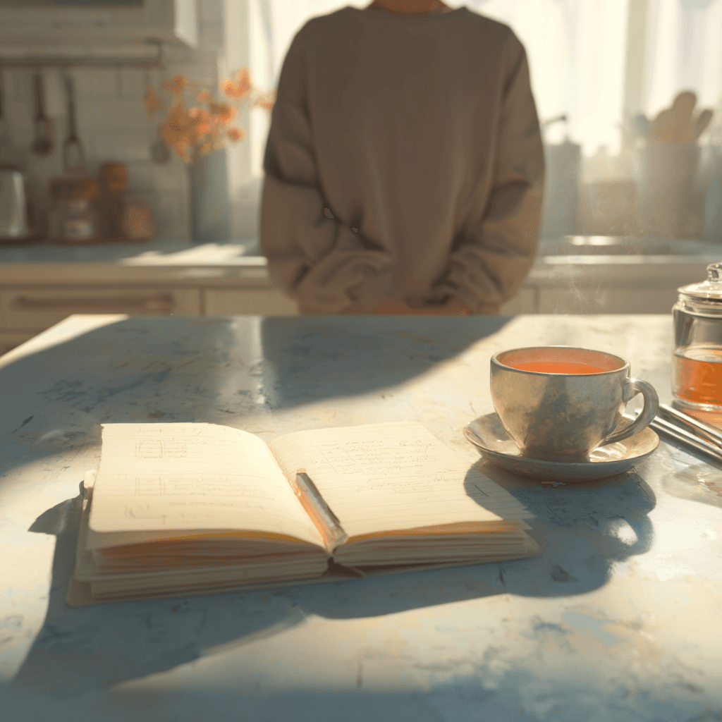 A person sitting calmly at a table with a notebook, a cup of tea, and a simple emergency checklist