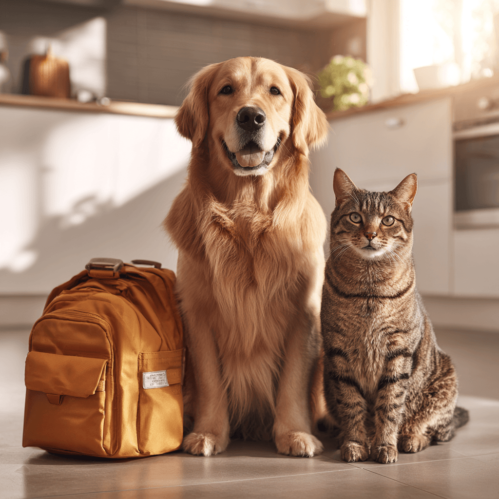 A dog and cat sitting beside a small emergency kit bag on a kitchen floor