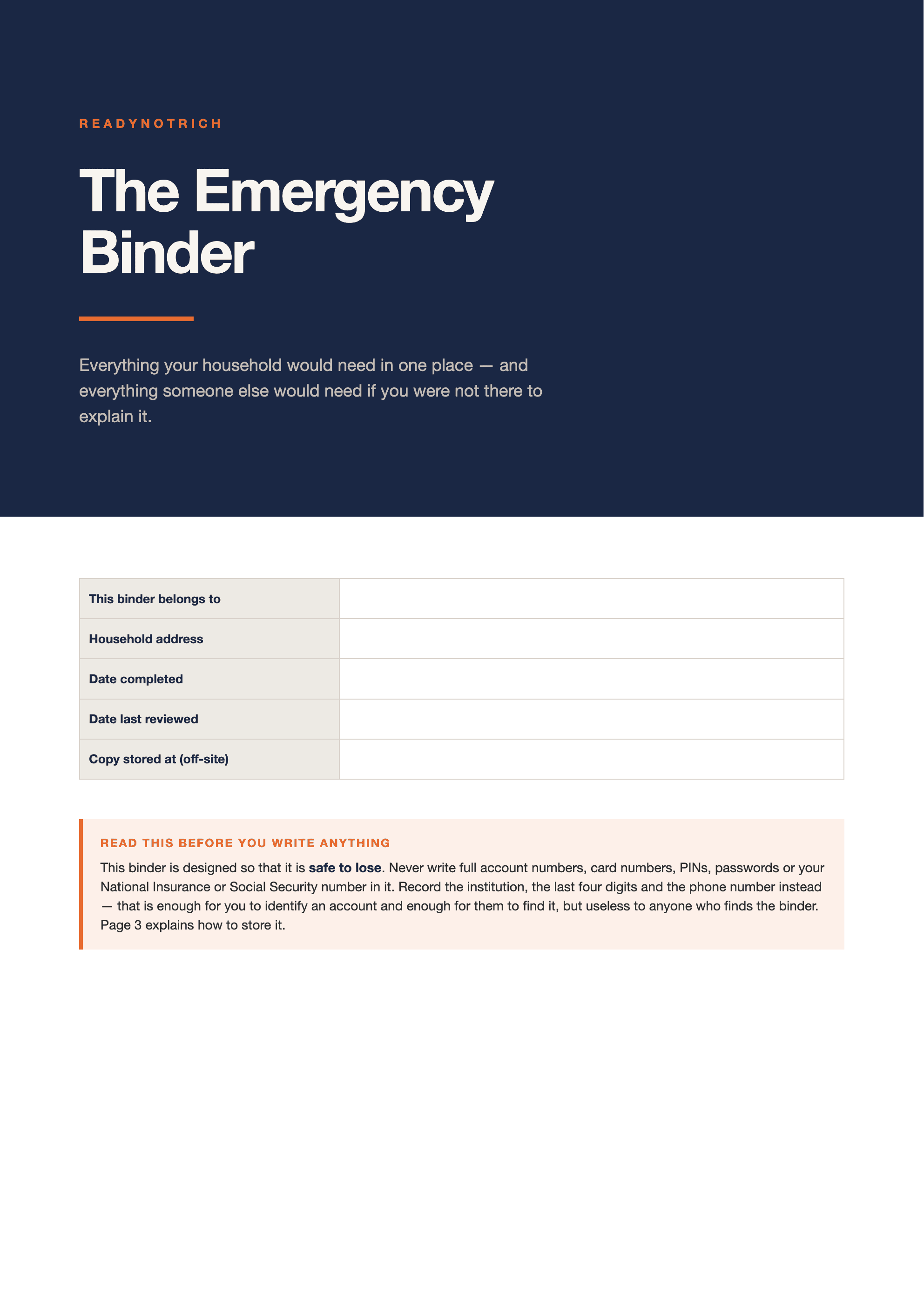 The cover page of The Emergency Binder, showing the title, household name field and the date last reviewed